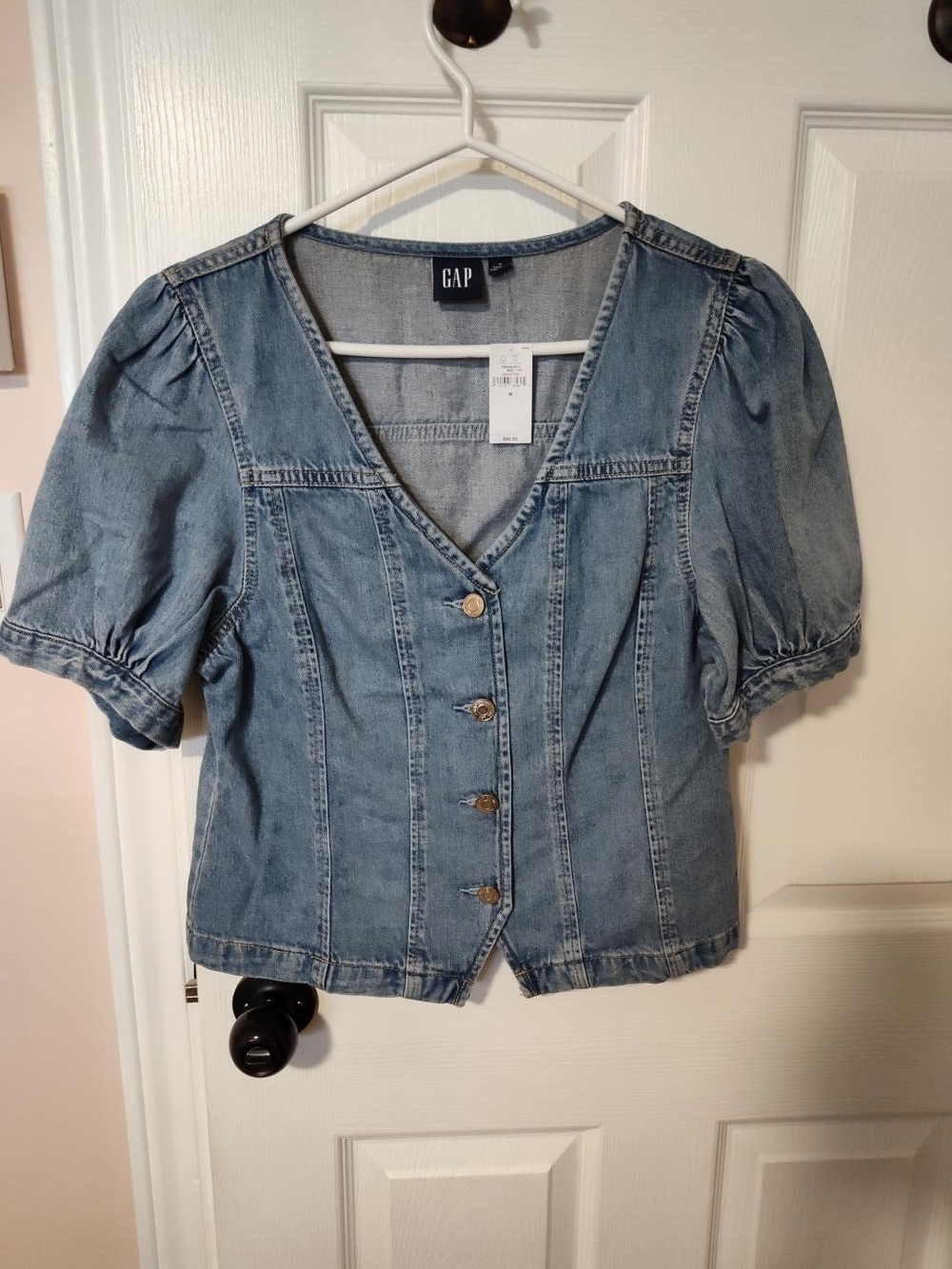GAP Puff Sleeve Denim Button Front Top Size Medium NWT